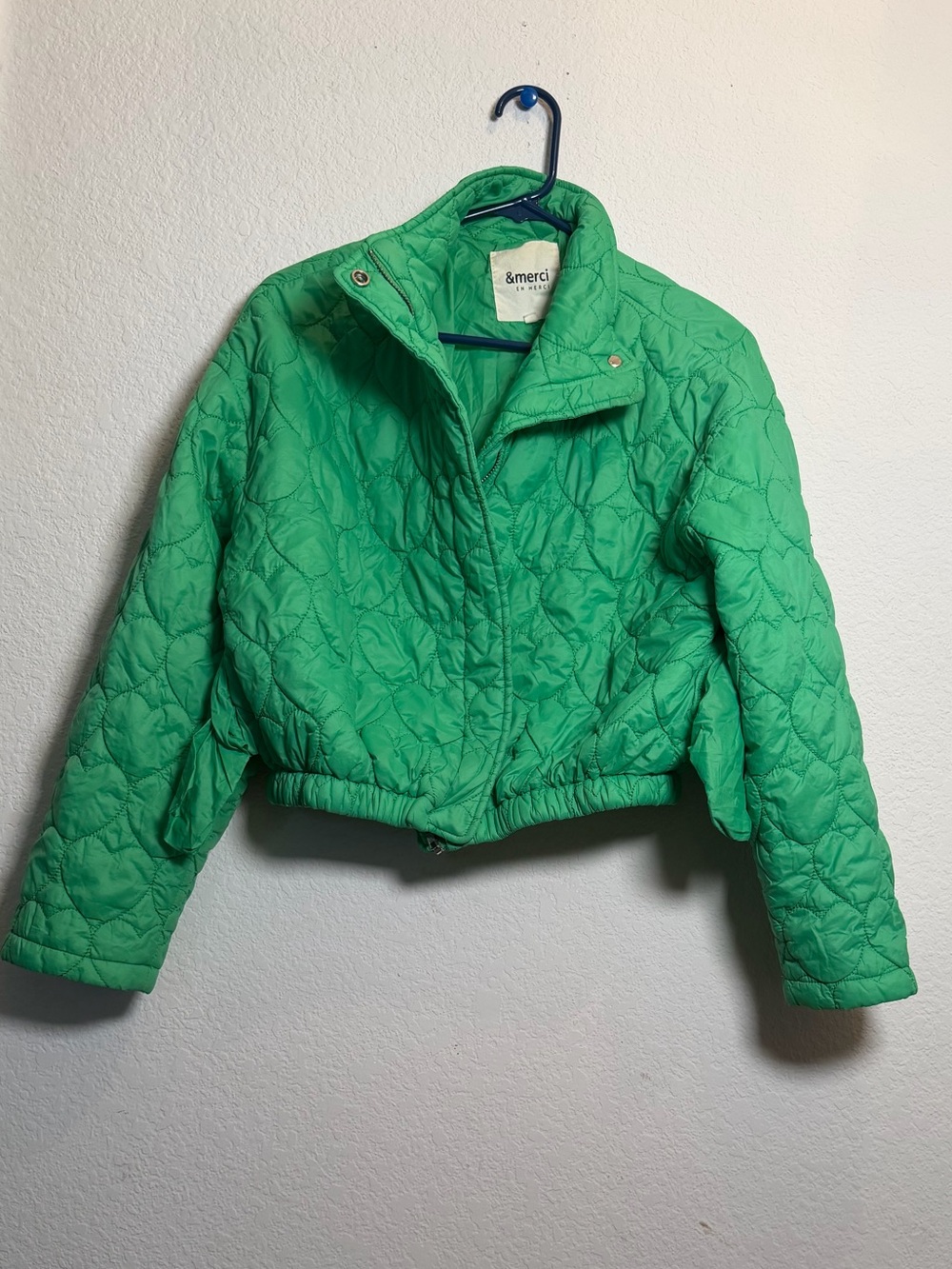 &merci en merci green quilted cropped puffer jacket snap zip